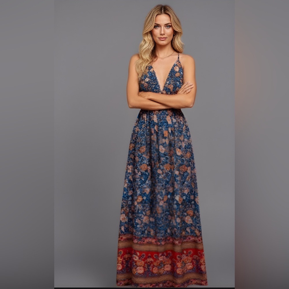 LAST ONE š„ Boho Floral Print Backless Deep V Neck Maxi Dress - Picture 4 of 12
